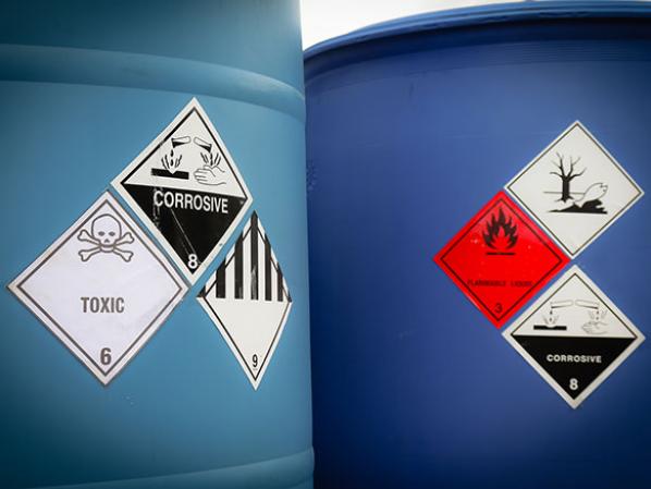 Barrels with Warning Symbols for Chemical Hazard
